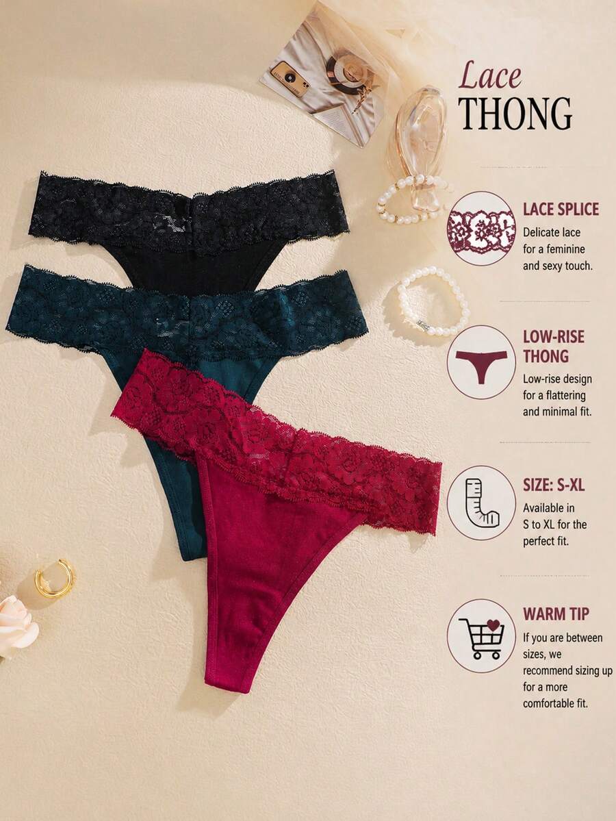 3pcs Women's Solid Color Lace Trim Patchwork Lightweight V-Waist Sexy Thong Panties, Size Runs Small - Multicolor - View 1