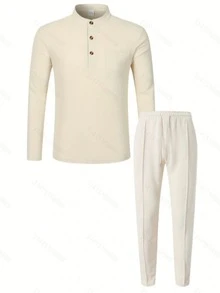 Men's 2-Piece Set, Textured Pocket Stand Collar Long Sleeve Polo Shirt And Drawstring Pants, Casual Outfit For Daily Commute, Vacation Travel, Outdoor Walking - Khaki - View 2