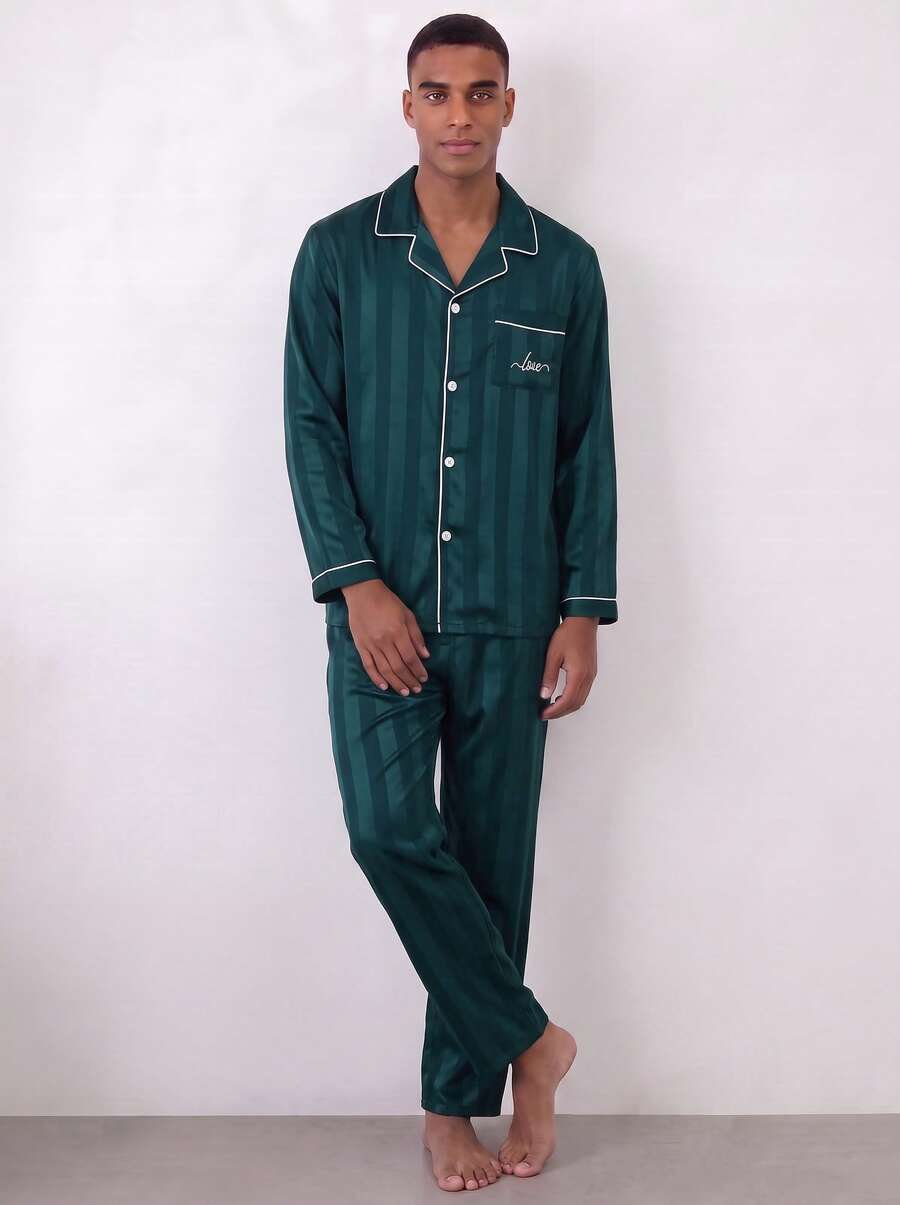 Snug League 男士緞面睡衣套裝(兩件套),絲質長褲睡衣外套,紐帶長袖開襟衫,條紋字母刺繡上衣 - 綠色 - 查看 1