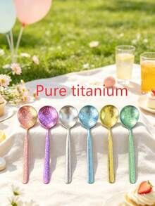 6pcs Pure Titanium Spoons, Exquisite Ice Flower Design Soup Spoons, Home Western Style Spoons, Eating Spoons, Dessert Spoons, Watermelon Spoons, Cake, Coffee, Ice Cream, Honey Spoons - Multicolor - View 5