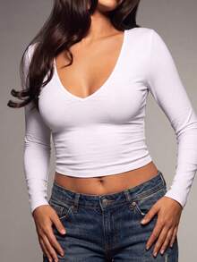 HUTENER Spring Summer Autumn Women's T-Shirt, Solid Color V-Neck Slim Fit Flattering Casual Comfortable Women's White Top, Suitable For Holiday/Home, Autumn - White - View 5