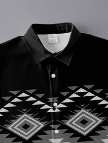Men's Vintage Western Style Contrast Color Long Sleeve Shirt, Black Collar, Blue & White Geometric Print Patchwork Design Sports - Light Grey - View 3