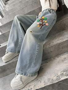 New Tween Girl Girls Towel Embroidery Straight Leg Denim Jeans, Casual Versatile Spring Autumn Jeans For Big Girls - Medium Wash - View 5