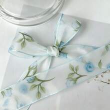 2 Yards Transparent Rose Flower Print Chiffon Ribbon, Wedding Bouquet Decoration Satin Ribbon, Suitable For Handmade Bouquets, Gift Wrapping, Party Decor, Floral Design, Handmade DIY Bow Gift Ribbon, Smooth Texture, Event Decoration - Blue - View 1