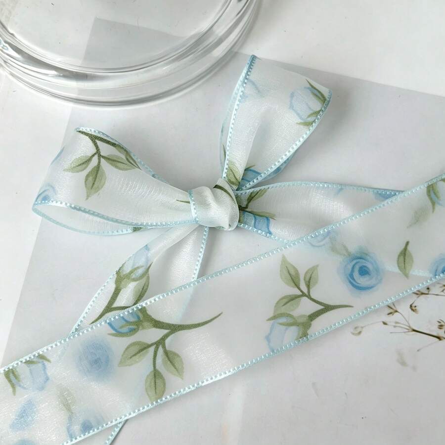 2 Yards Transparent Rose Flower Print Chiffon Ribbon, Wedding Bouquet Decoration Satin Ribbon, Suitable For Handmade Bouquets, Gift Wrapping, Party Decor, Floral Design, Handmade DIY Bow Gift Ribbon, Smooth Texture, Event Decoration - Blue - View 1
