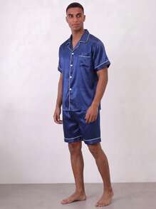 Snug League Conjunto de pijama de satén para hombre de 2 piezas, incluye pantalones cortos, chaqueta de dormir de seda, top cárdigan de manga corta con botones - Azul - Ver 1