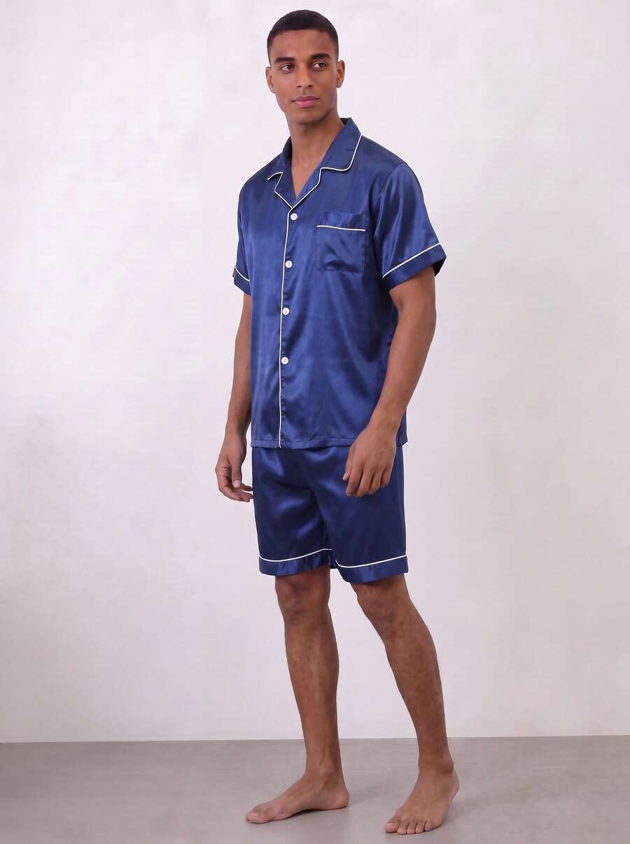 Snug League Conjunto de pijama de satén para hombre de 2 piezas, incluye pantalones cortos, chaqueta de dormir de seda, top cárdigan de manga corta con botones - Azul - Ver 1