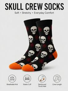 Men's Skull Short Socks, Fun Halloween Style With Spider Web Pattern, Soft Elastic Cotton Blend Short Socks, Casual Novelty Dress Socks For Daily Wear, Men's Street Style Gift - Multicolor - View 5