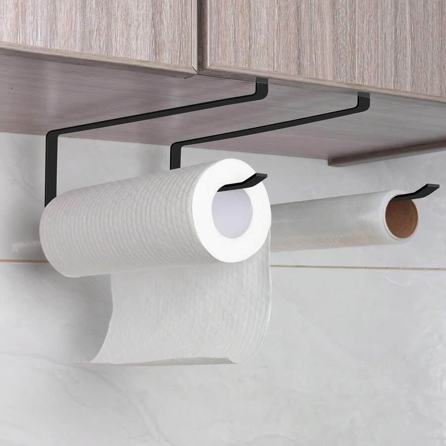 Ever Blooming 1pc Black/White Kitchen Paper Towel Holder Cabinet Paper Towel Rack No-Drill Towel Hanging Storage Rack Iron Art Cling Film Storage Rack Wall-Mounted