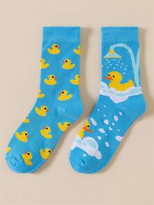 2 Pairs Women's Cute Cartoon Duck Asymmetrical Mid-Calf Socks, Blue Rubber Duck Pattern A&B Mid-Calf Socks, Soft Fun Novelty Casual Socks, Suitable For Students Daily Street Wear - Multicolor - View 3