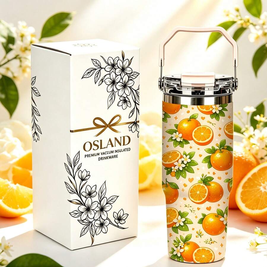 1/5 pezzi Bicchiere termico isolato sottovuoto da 30 once con scatola regalo, stampa di fiori e foglie di arancia crema arancione brillante, manico pieghevole portatile, coperchio a doppio ribaltamento antiscivolo, tazza a doppia parete per spiaggia e campeggio, regalo estivo vivace e fresco con frutta - Arancia - Visualizzare 1