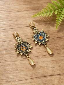 1 Pair Vintage Gothic Style Enamel Sun Moon Heart Teardrop Pendant Earrings, Women's Versatile Daily Casual Date Party Jewelry - Earrings - View 4