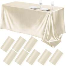 102 X 58 Inch Satin Tablecloth, Rectangular Bed Skirt, Silky Fabric, Champagne Color Party Tablecloth Suitable For Rectangular Dining Tables, Parties, Holidays, Weddings (Ivory White) - Beige - View 12