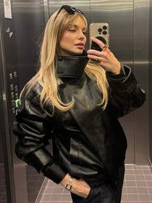 2026 Vintage Motorcycle Faux Leather Jacket, Stand Collar Zipper, Patchwork Loose Fit Top For Women, Winter Black - Black - View 6