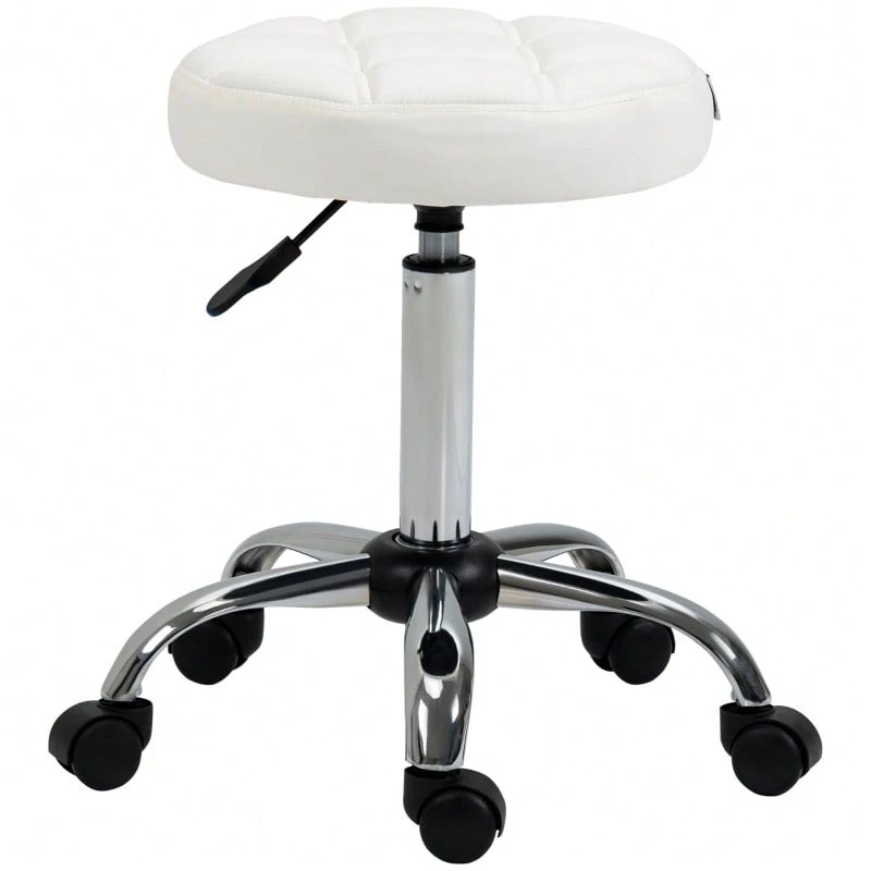 Height-Adjustable Swivel Office Stool, For Office And Living Room, White Faux Leather Ø35.5 X 51-67 Cm - White - View 1