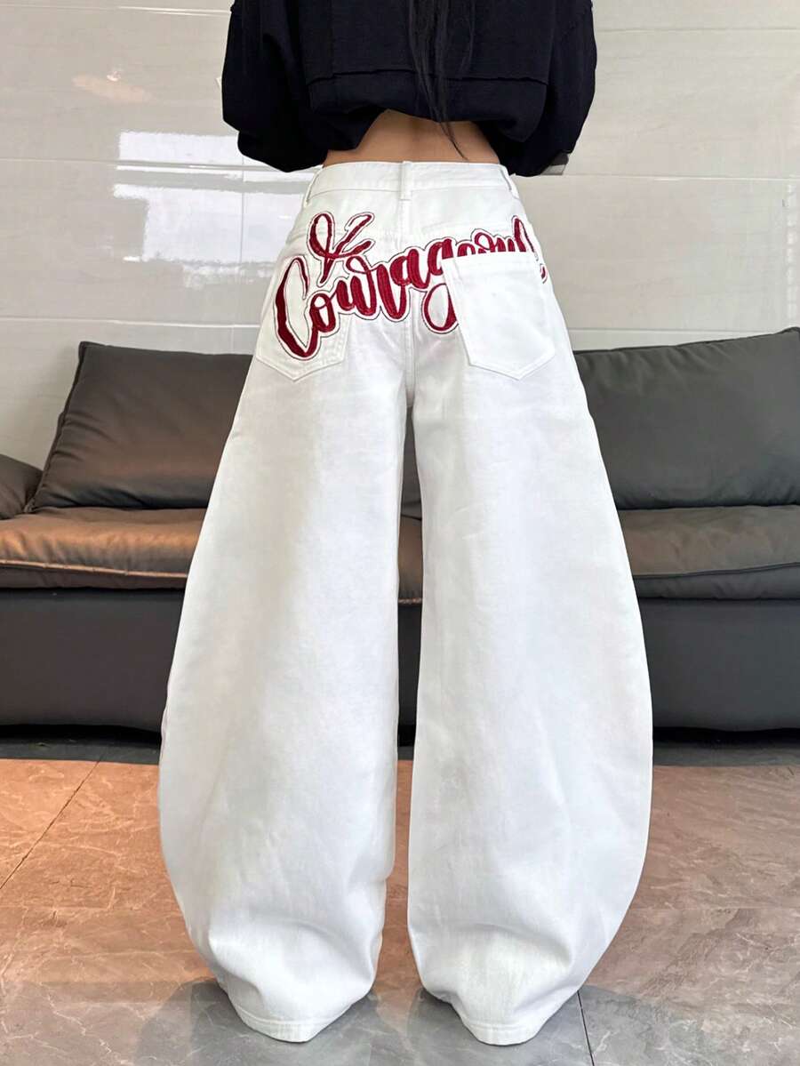 1pc American Street Style Embroidered Women's Cocoon Wide Leg Jeans, Loose Comfortable All-Season Long Pants (This Product Does Not Include Belt/Accessories) - White - View 1