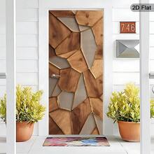 Self-Adhesive Removable Wall Mural, 2D Flat Wood Grain Texture Door Design With Gold Trim - Geometric Pattern Sticker - Modern Door Wall Mural, Vintage Door Decor - Fashionable Door Mural - A - View 4