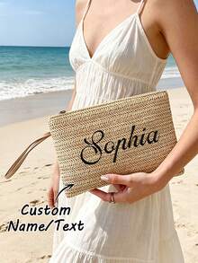 Bolso de mano de paja tejida personalizado con nombre, bolso de estilo bohemio con cremallera y correa de muñeca, bolso de maquillaje para damas de honor, bolso de mano para vacaciones de verano en la playa - Multicolor - Ver 2