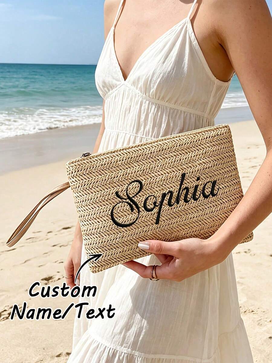 Bolso de mano de paja tejida personalizado con nombre, bolso de estilo bohemio con cremallera y correa de muñeca, bolso de maquillaje para damas de honor, bolso de mano para vacaciones de verano en la playa