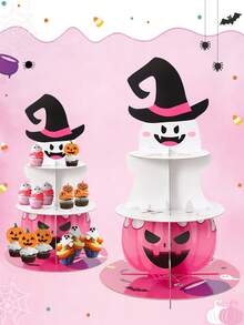 3 Tier Pink Ghost Halloween Paper Cake Stand, Cupcake Holder For Birthday Party Table Decorations - Halloween Edition - View 1