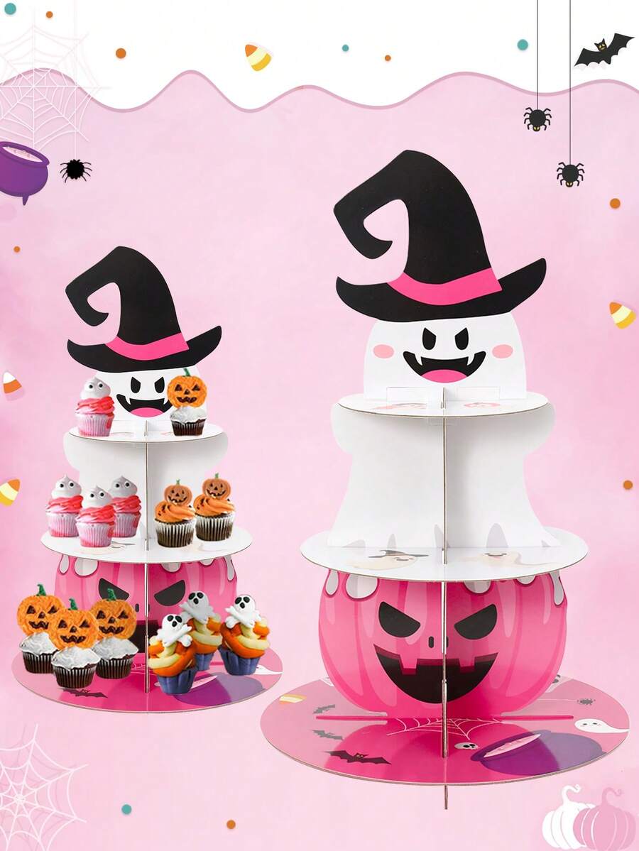 3 Tier Pink Ghost Halloween Paper Cake Stand, Cupcake Holder For Birthday Party Table Decorations - Halloween Edition - View 1