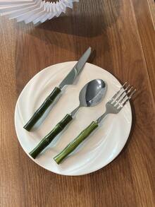 Stainless Steel Acrylic Bamboo Handle Western Style Knife Fork Spoon Dessert Spoon Fruit Fork - Green - View 16