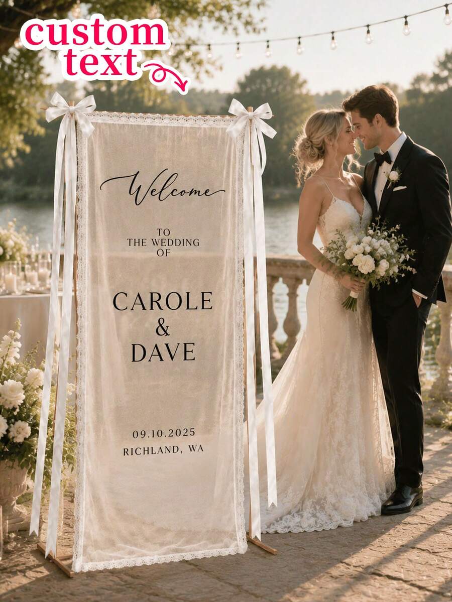 Personalized Wedding Sign-In Backdrop, Bride & Groom Name Custom Guest Message Cloth, Welcome Sign, Reception Decor, Engagement Party, Bridal Shower, Bow Design, Modern Minimalist Decor, Alternative Guest Book, Photo Booth Backdrop - Multicolor - View 1