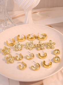 3/9 Pairs Gold Stud Earrings Fashion Elegant Floral Geometric Multi-Element Gold Metallic Earring Set, Women's Fashion Earring Set, Best Gift For Best Friends, Full Of Atmosphere (Lightweight CCB Material, Non-Fading) - Gold - View 5