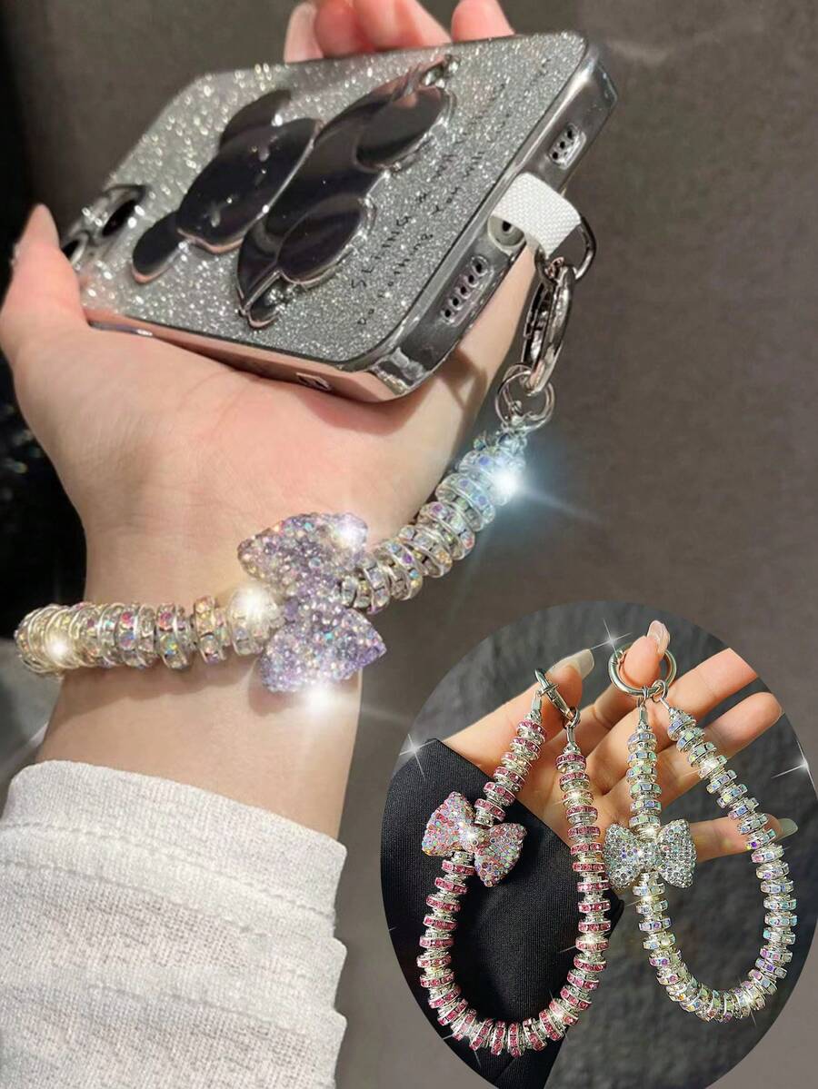 1 buah Gantungan Ponsel Tali Pergelangan Tangan Pendek Mutiara Mewah Rhinestone Zirkonia - MultiWarna - View 1