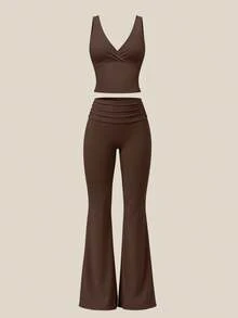 TimeOff 1 Conjunto de Mujer de unicolor con Camiseta sin Espalda con Cuello en V Desmontable con Acolchado y Pantalones Acampanados para Deporte - Marrón - Ver 6