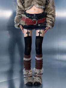 1 par de medias altas hasta el muslo transparentes con tirantes y decoración de cruz negras para mujer, estilo gótico alternativo Y2K, para festival, fiesta y salidas nocturnas - Negro - Ver 1
