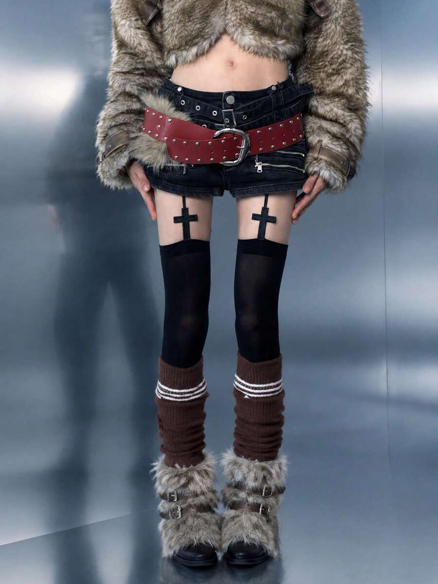1 par de medias altas hasta el muslo transparentes con tirantes y decoración de cruz negras para mujer, estilo gótico alternativo Y2K, para festival, fiesta y salidas nocturnas - Negro - Ver 1