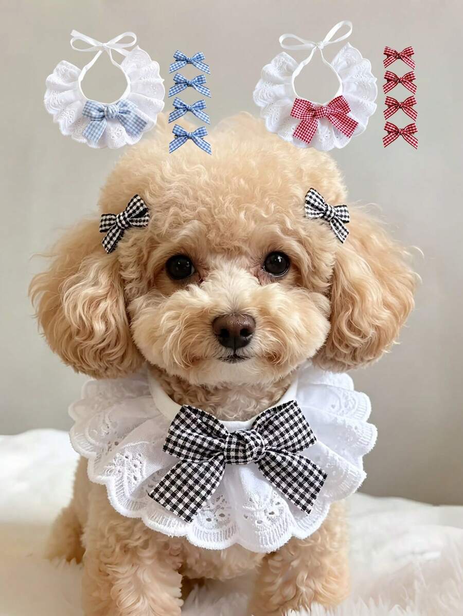 5pcs Set - Suitable For Puppies And Kittens - Soft Plaid Collar Bow Hair Clip Set - Includes Adjustable Bib - Bow Tie Clip - Puppy Plaid Dog Collar - Kitten Bib - Comfortable Pet Clothing - Suitable For Photography And Daily Wear