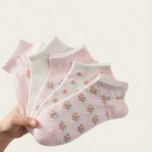 1/3/5/10 Pairs Elegant Floral Print Ankle Socks For Women, Non-Slip Breathable, Suitable For Spring & Summer - Pink - View 1