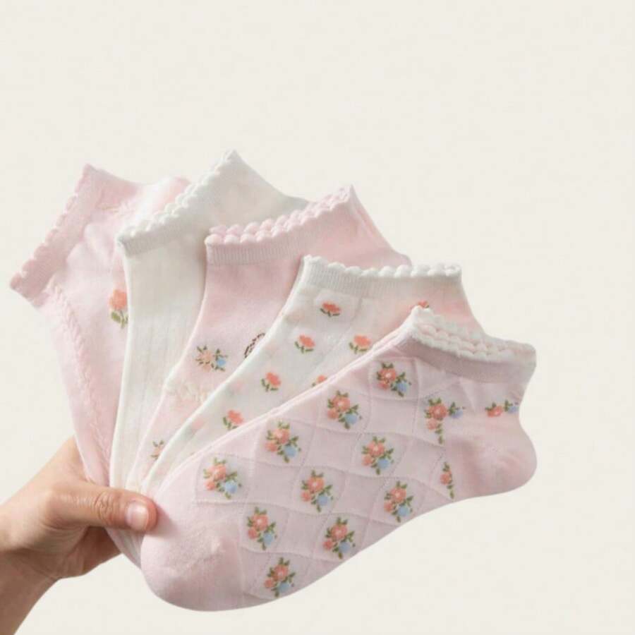 1/3/5/10 Pairs Elegant Floral Print Ankle Socks For Women, Non-Slip Breathable, Suitable For Spring & Summer - Pink - View 1