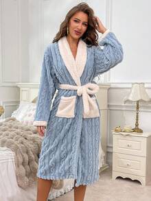 Women's Autumn/Winter Long Sleeve Belted House Robe, Fluffy Loose Comfortable Soft Contrast Color Plush Sleepwear - Blue - View 5