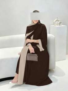 Setelan 3 Potong Elegan Warna Polos Timur Tengah: Jubah Lengan Panjang Depan Terbuka + Gaun Rompi + Hijab Serasi, Pakaian Arab Musim Gugur - Coklat - View 4