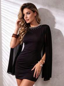 Joyfunear Women's Pleated Split Sleeve Fitted Dress Elegant Black - Black - View 2