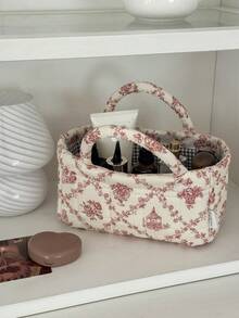 1pc Set French Vine Storage Basket Vintage Blue White Floral Quilted Handheld Portable Cosmetic Sundries Desktop Organizer Container Box Home Decor Craft Gift - View 29