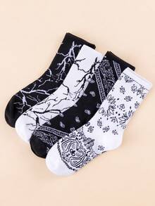 1/5/10 Pairs Black & White Retro Lightning Print Unisex Mid-Calf Socks, American Streetwear Breathable High-Elastic Skateboard Basketball Chunky Sneakers Slouch Socks - Black and White - View 2