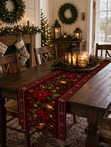 1件金色雪花邊框桌旗，優雅節日風亞麻長方形桌布，紅色一品紅與金色鈴鐺圖案細節，聖誕派對廚房餐桌保護墊，冬季季節居家桌面裝飾 - 彩色 - 查看 10