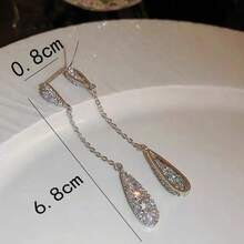 1 Pair Premium Long Water Drop Earrings With Full Rhinestone Chain Tassel, Face-Slimming Luxury Versatile Earrings For Evening Gowns - Silver - View 3