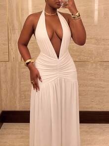 Vestido de punto con escote halter, tirantes anudados, bajo con abertura alta, plisado y parches, espalda descubierta - Blanco - Ver 5