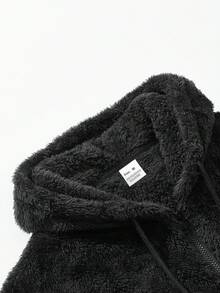 Men's Solid Color Fleece Zip-Up Hoodie With Drawstring, Winter Warm Casual Jacket - Black - View 5