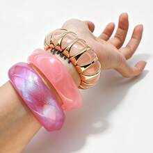 GNIT Y2K Pink Resin & Gold Bracelet Set For Women, 3PCS/1pc Stackable Bangles With Iridescent Faceted Cut & Marbled Design, Tren - Glitter.Rose Gold.Pink - View 2