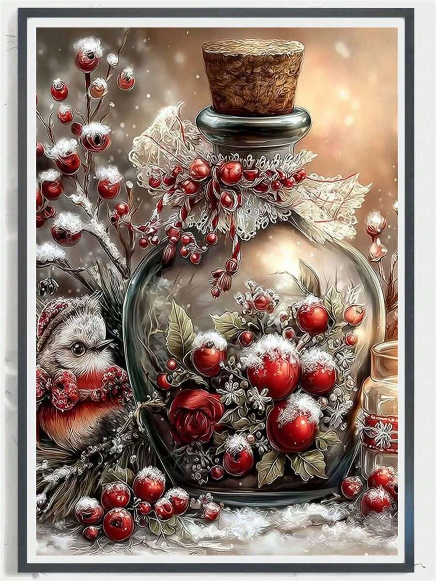 1pc Diamond Painting Kit, Winter Atmosphere Burgundy Berry Diamond Art, Handmade DIY Rhinestone Decor Painting, Living Room Bedroom Christmas Holiday Atmosphere Wall Art, Adult Stress Relief Handmade Craft Material Kit, Home Decor Wall Art, Suitable For Living Room, Bedroom, Office - Ideal Holiday Gift