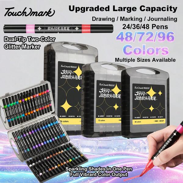 Bộ bút marker Touchmark hai màu kim tuyến đầu mềm, 24/36/48 bút với 48/72/96 sắc độ kim tuyến, đầu cọ mềm linh hoạt, mực kim tuyến nồng độ cao nhanh khô không lem, hộp đựng mang theo tiện lợi, dùng cho Bullet Journal, scrapbook, vẽ poster