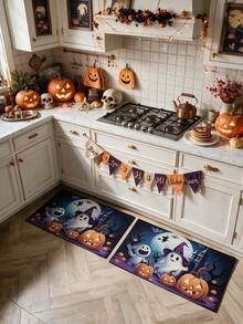 1/2pcs Halloween Kitchen Decor Rug, Cute Ghost Pumpkin Kitchen Rug And Mat, Non-Slip Washable Absorbent Kitchen Accessories Decor Mat - Multicolor - View 5