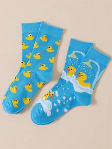 2 Pairs Women's Cute Cartoon Duck Asymmetrical Mid-Calf Socks, Blue Rubber Duck Pattern A&B Mid-Calf Socks, Soft Fun Novelty Casual Socks, Suitable For Students Daily Street Wear - Multicolor - View 6
