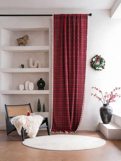 1pc Vintage Christmas Red & Green Plaid Tassel Rod Pocket Curtain, Festive Atmosphere Decor, Suitable For Bedroom, Balcony, Living Room, Bay Window, Holiday Party